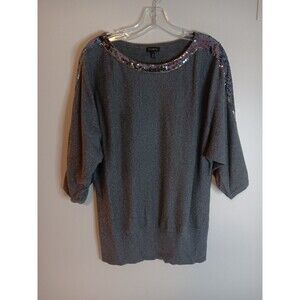 Talbots Knit Top Sequin Neckline Dark Grey Sz Medium
